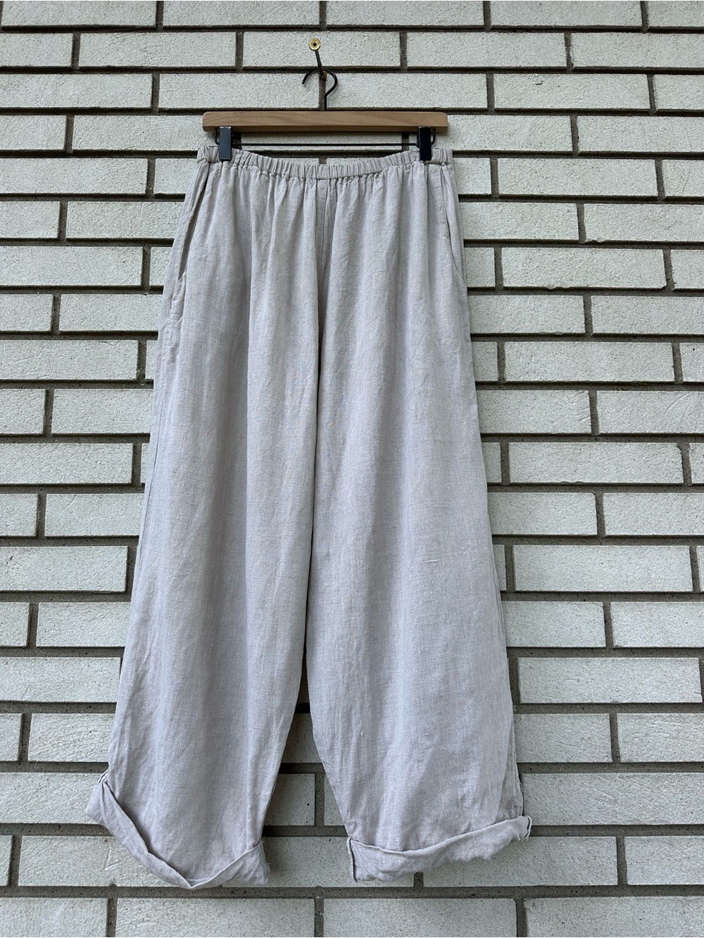 FLAX 100% Linen Balloon Wide Leg Pants Rolled Cuff Natural Beige L